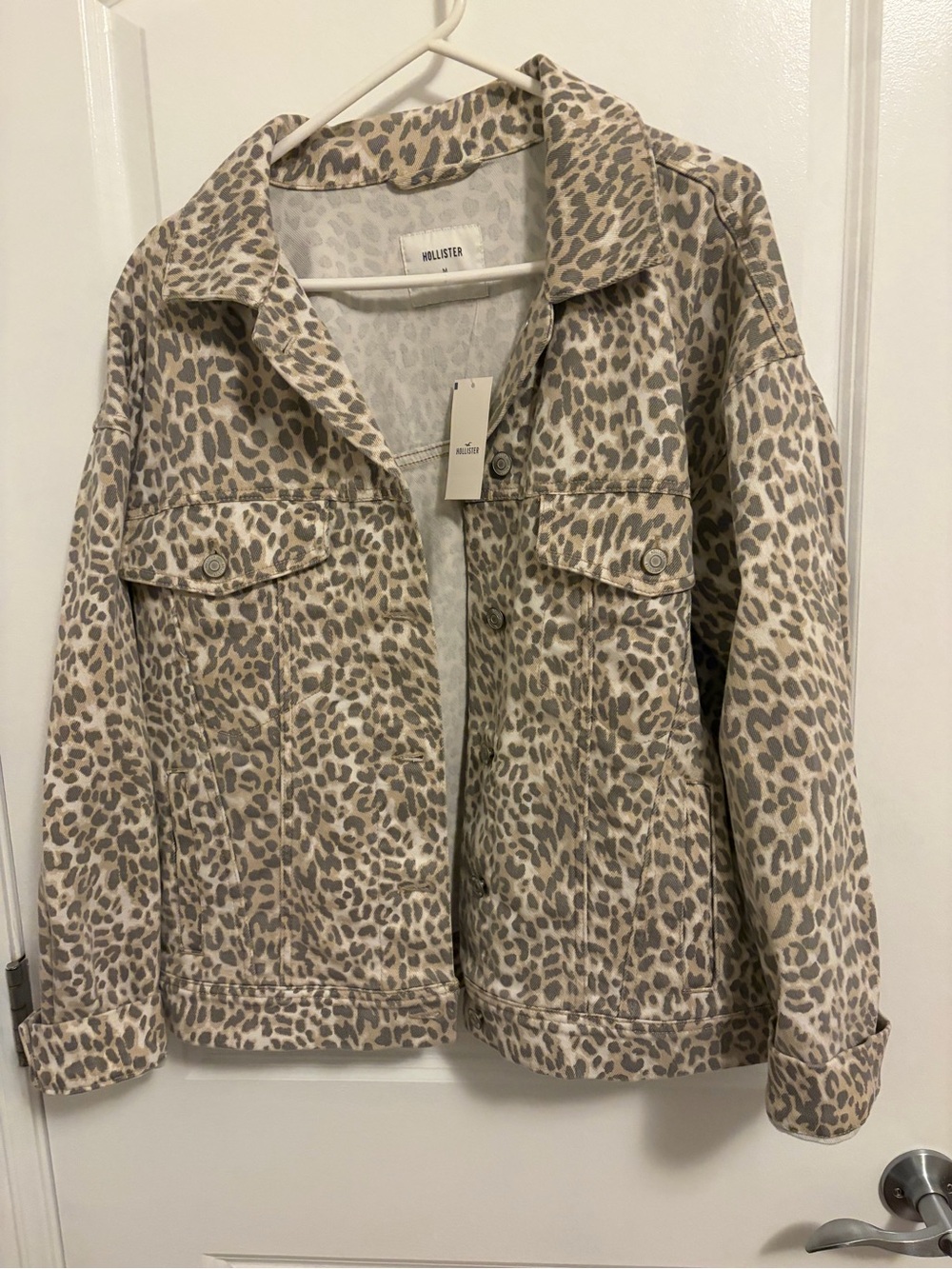 Hollister Women's Leopard-Print Denim Jacket in Taupe & Beige